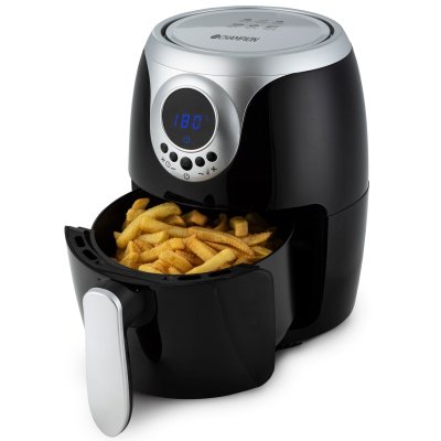 Air fryer mini svart och silver CHAF110 med pommes frites i korgen