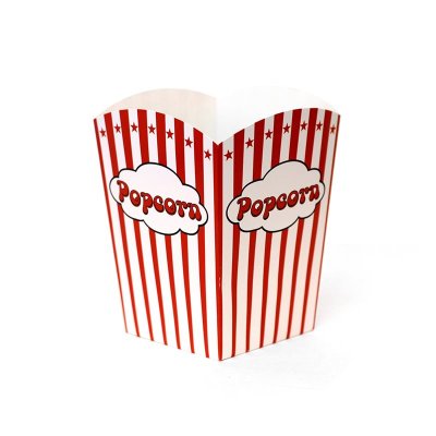 popcornbägare stor 2,9 liter med röda och vita ränder och stjärnor och text där det står popcorn i ett moln