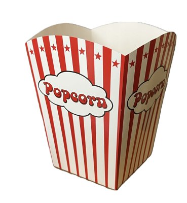 popcornbägare stor 2,9 liter med röda och vita ränder och stjärnor och text där det står popcorn i ett moln